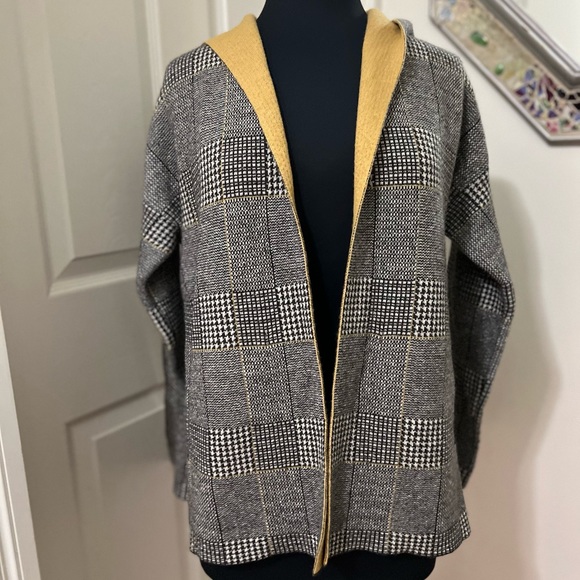 Bartolini Cashmere/Wool Blend Plaid Open Front Hooded Cardigan Sweater - Picture 5 of 14